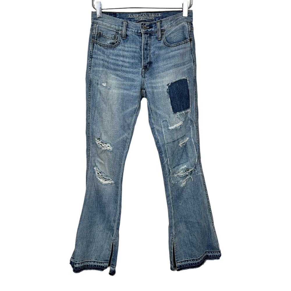 American Eagle Vintage Hi Rise Flare Jeans 00 Short Distressed Patchwork Slit - Picture 2 of 6